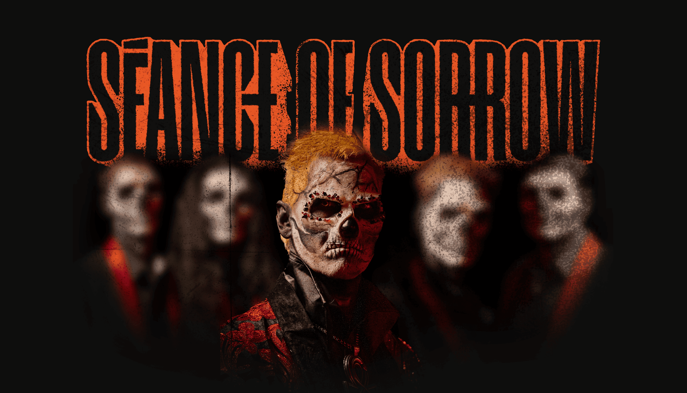 Séance of Sorrow — vocalist Michael Morrison and the band in skull make-up beneath the Séance of Sorrow wordmark